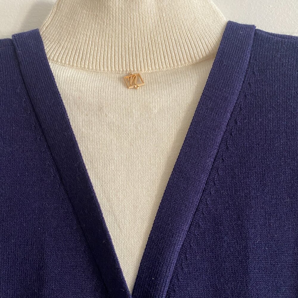 Noir Noir Navy Wool Cardigan with Built-in Cream Mock Neck. Reverse Button Back. - Picture 4 of 14